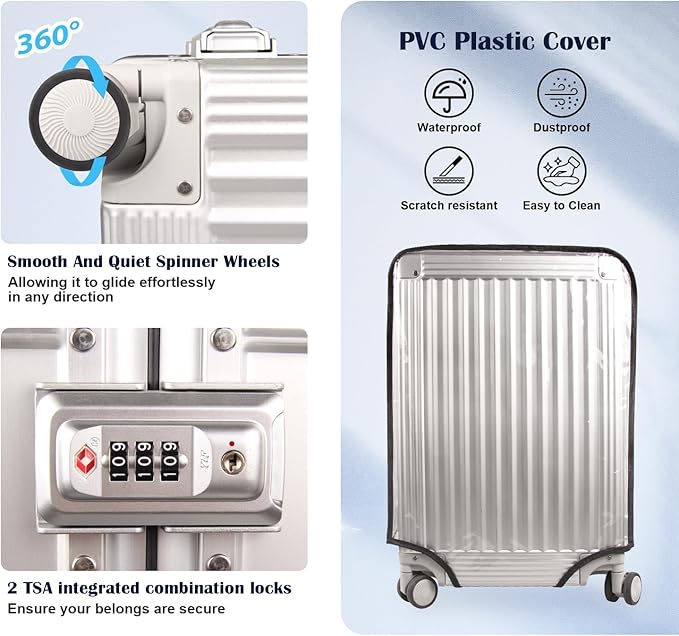 DOMINOX All Aluminum Carry On Luggage Hard Shell Luggage Aluminum Suitcase for Travel Zipperless Luggage Checked Luggage with Silent 360° Spinner Wheels 20 In. (Vertical Grain Style, Sliver)