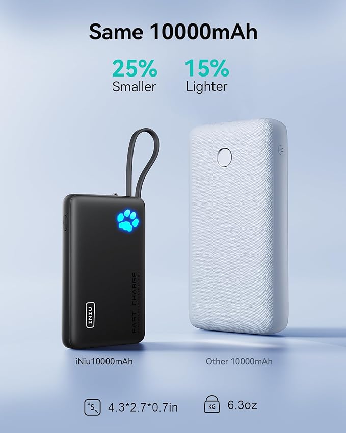 INIU Portable Charger, Slim 10000mAh Power Bank with Build in USB-C Cable, 45W Fast Charging Small Phone Charger, Flight Cruise Ship Trip Accessories Essentials for College Student Boy Girl, Yellow