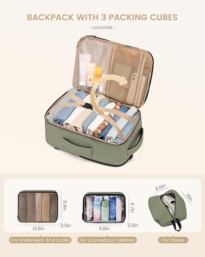 LOVEVOOK Travel Backpack for Women & Men, 50L Large Carry On Backpack Airline Approved, TSA Personal Item Weekender Bag, Water Resistant Laptop Backpacks with 3 Packing Cubes for Travel Essentials