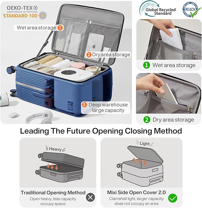 mixi Large Checked Luggage with Cup Phone Holder and Charger Hard Shell Suitcases with Spinner Wheels, 24 Inch Sapphire Blue