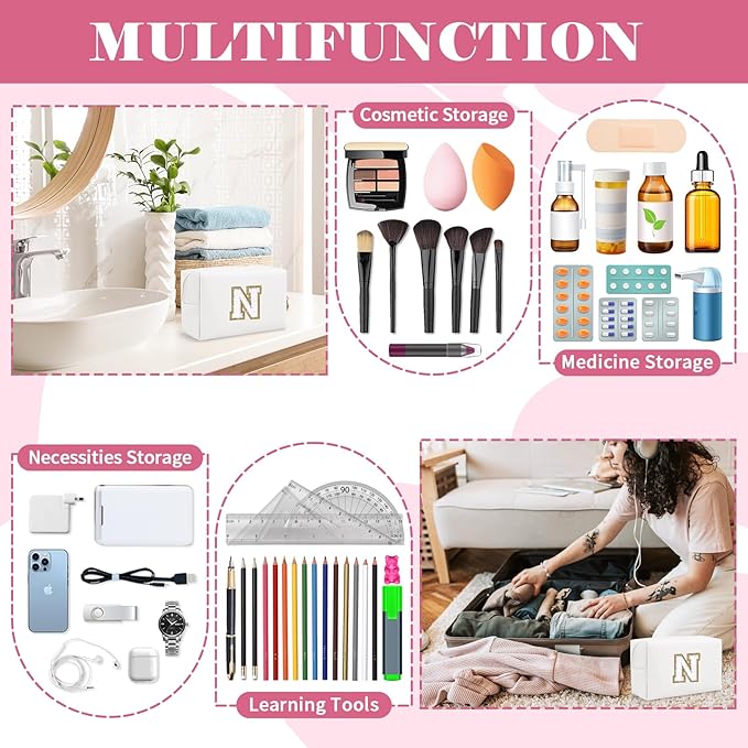 Small Personalized Initial A-Z Preppy Patch Makeup Bag,White PU Chenille Letter Travel Cosmetic Pouch with Zipper,Cute Toiletry Bag,Gift Ideal for Teen Girls Women Teacher Bridesmaid,Letter N