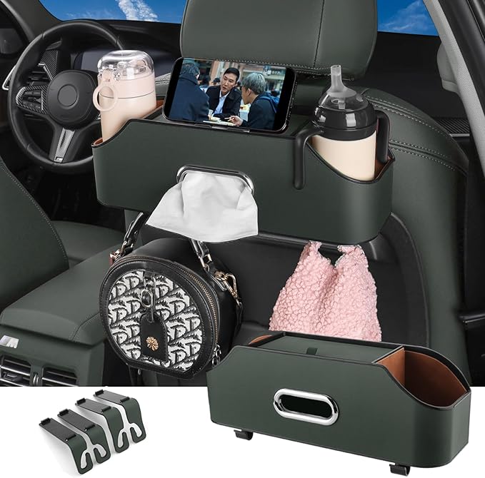 HOLDCY Car Back Seat Organizer with 2 Drink Cup Holder - Tissue Box and Storage Box Hook - Multi-functional Storage - Great for Kids and Travel (Green)