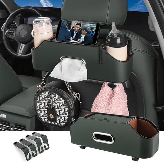 HOLDCY Car Back Seat Organizer with 2 Drink Cup Holder - Tissue Box and Storage Box Hook - Multi-functional Storage - Great for Kids and Travel (Green)