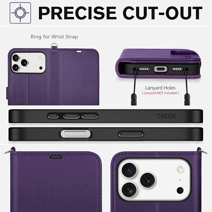 TUCCH Case Wallet for iPhone 17 Pro Max (6.9") 2025, Wrist Strap, Stand, RFID Blocking, 4 Card Holder, TPU Shockproof Inner Shell, PU Leather, Magnetic Folio Protective Cover, Deep Purple