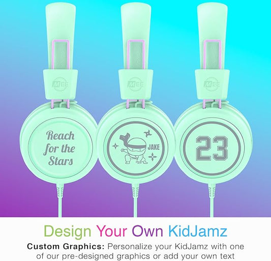 MEE audio KidJamz KJ55 Personalized USB-C Safe Listening Wired Headphones for Kids with Custom LED-Backlit Design, Volume Limiter, & Microphone for iPhone 15, iPad, & USB Type C Devices (Mint)