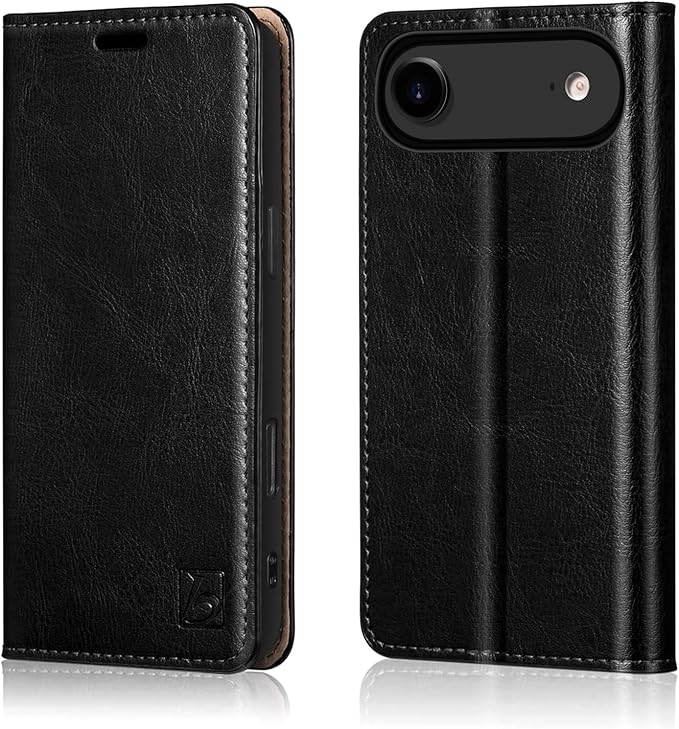 Belemay Genuine Leather Wallet Case for iPhone 17 Air, Premium Cowhide Leather Two-Tone Effect, RFID Blocking Card Holders, Shockproof TPU Shell, Kickstand, Flip Cover for iPhone Air 2025 6.5", Black