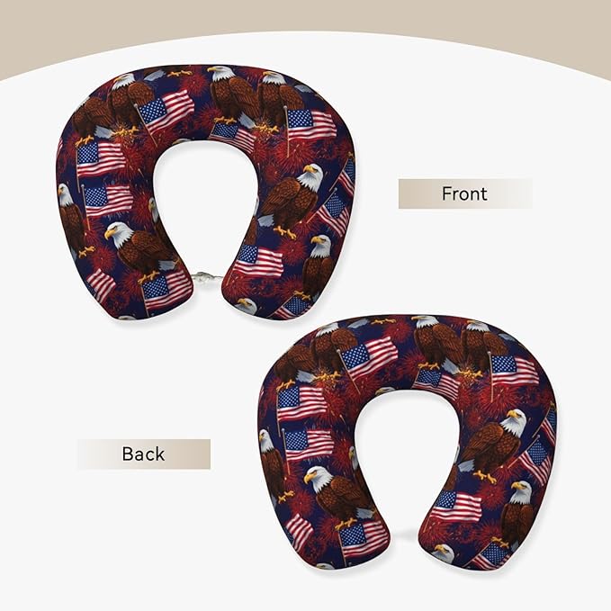 Neck Support Pillow, Comfortable Memory Foam Car/Flight/Airplane Chin Pillows U Shaped Cushion for Office Travel Sleeping Bald Eagle American Flag Fireworks Pattern