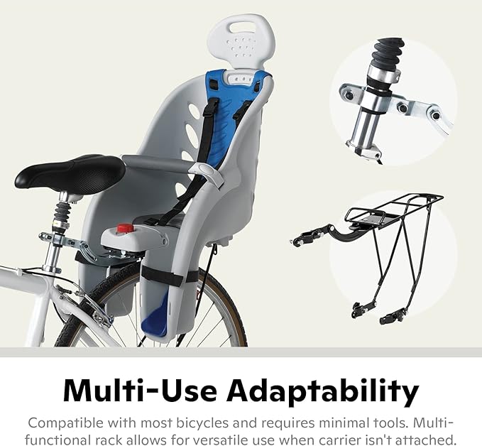 Schwinn Deluxe Child Bike Carrier, Seats one Kid Ages 1+, Frame Mount, Adjustable Safety Harness, Quick Release Design, Comfortable Padding, Rear-Mounted Child Bike Seat for Toddler
