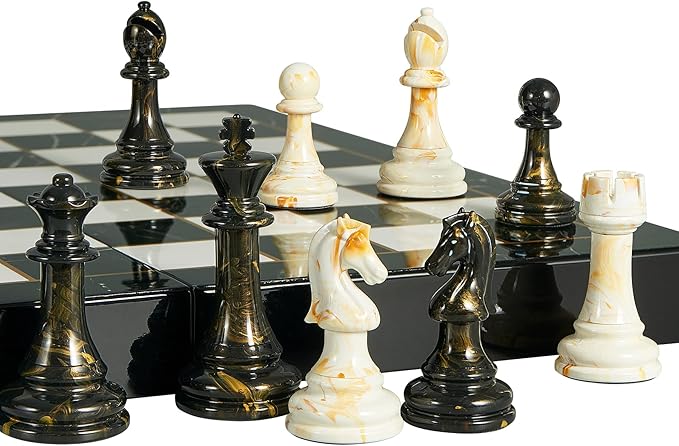 15" Large Chess Set for Adults with Extra 2 Queens, Weighted Acrylic Pieces-3.5" King w/Leather Base, Portable Folding Marbling Wooden Chess Board - Travel/Family Game & Elegant Gift