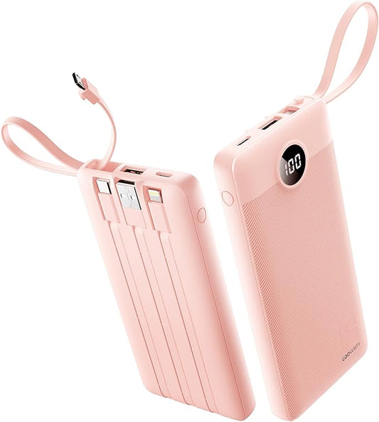 Portable Phone Charger, Slim 10000mAh Power Bank with Cords Wires, Battery Pack 5 Outputs 2 Inputs LED Display Compatible with iPhone/Android & More (Pink)