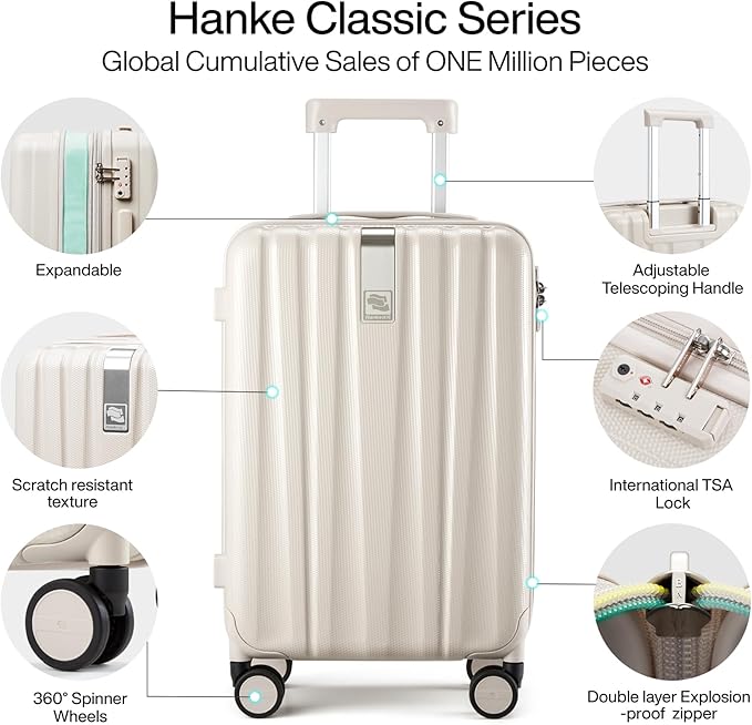 Hanke 29 Inch Expandable Checked Luggage Lightweight PC Hard Shell Luggage Suitcases with Wheels Travel Luggage Rolling Large Suitcase Travel Luggage Bag for Study Abroad.(Ivory White)
