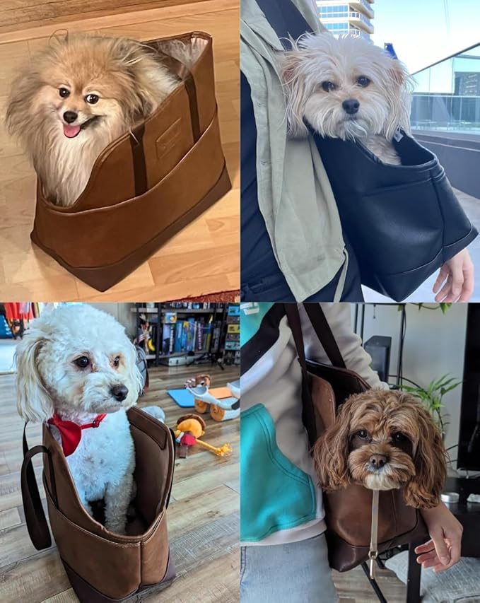 Faux Leather Dog Carrier for Small Dogs, Water-Resistant Designer Dog Purse with Safety Harness, Fashion Pet Carrier for Dogs 5-15 lbs, Luxury Dog Shoulder Carrier, Woven Black