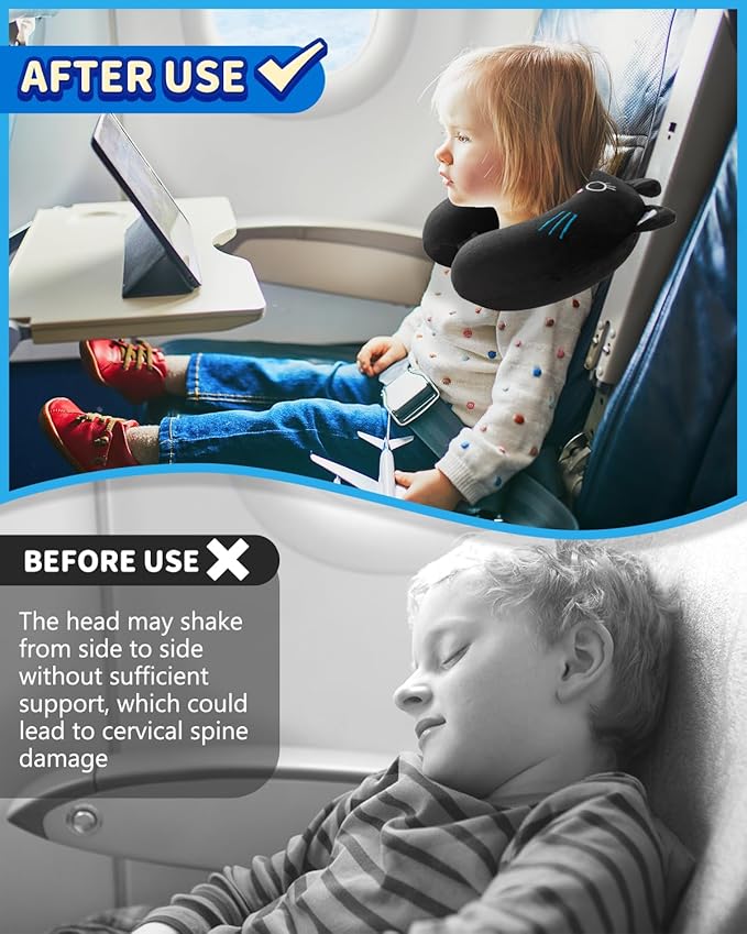 Memory Foam Kids Travel Pillow, Kids Neck Pillows for Travel Car, Cute Airplane Pillow, Washable (Black Cat, 3-5 Y/O)