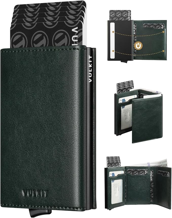 VULKIT Pop up Card Wallet Minimalist Cash Wallets RFID Blocking Leather Smart Credit Card Holder with ID window for Men(Green)