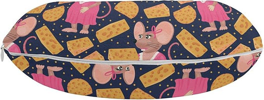 Ambesonne Animal Travel Pillow Neck Rest, Cartoon Animated Repeated Female Rat Girl Silhouettes and Spotted Cheese, Memory Foam Traveling Accessory for Airplane and Car, 12", Indigo Pink