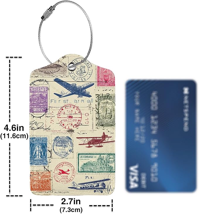 Travel Stamp 3 Pack Luggage Tags for Suitcases, PU Leather Baggage Suitcases Tag Name ID Label Privacy Cover Travel Bag Tags for Women Men Boys Girls