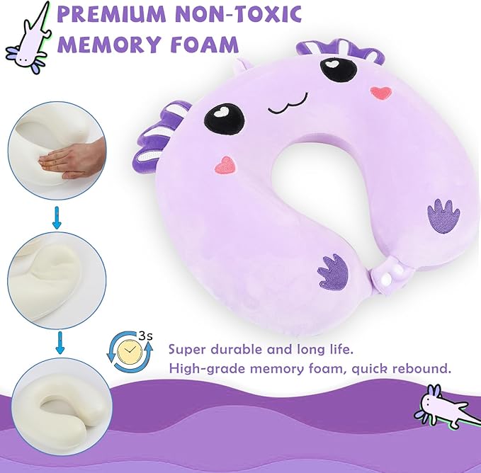 Travel Pillow, Kids Travel Pillow with Sleep Eye Mask Soft Memory Foam Kids Neck Pillow for Boys & Girls, Travel Accessories for Car Airplane Traveling - Purple Axolotl