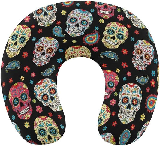 Cute Decorative Travel Neck Pillow Memory Foam Chin Cushion Vintage Paisley Sugar Skull, Washable Cover for Women Airplane Car Home Sleeping Rest