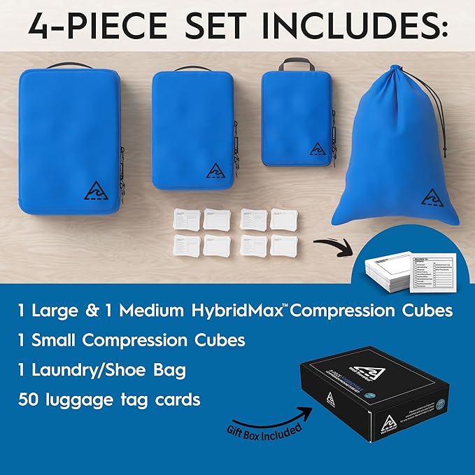 4-Piece Luxury Compression Packing Cubes & Bags for Travel – Maximize Space in Luggage with HybridMax Double-Capacity Design, 50 Luggage Tags, Patented Suitcase Organizer Bags, Lifetime Satisfaction