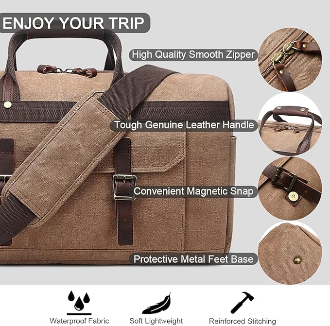 Duffle Bag for Men Waterproof Genuine Leather Canvas Travel Duffel Bags for Women Overnight Weekender Bag for Traveling
