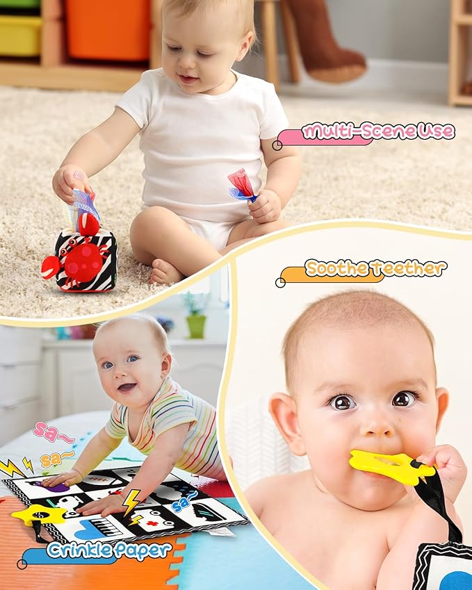 Baobrava 3 PCS Black and White High Contrast Baby Toys for Newborn, Montessori Toy Sensory Infant Tummy Time Toy Baby Essentials 0-6-12 Months Gifts