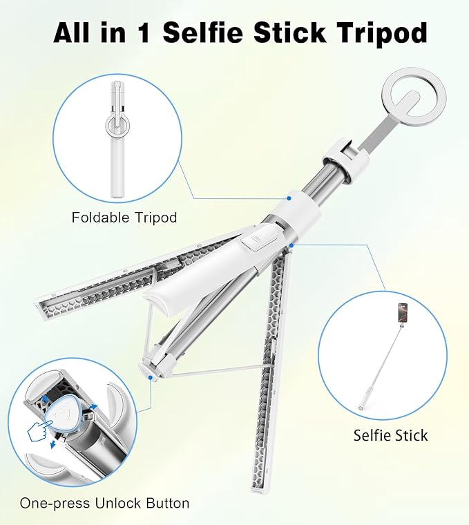 TONEOF 68" Magnetic Selfie Stick Tripod with Aluminum Strong Magnetic Holder for Magsafe, 360° Rotatable Travel Phone Tripod Stand with Metal Ring & Rechargeable Remote for iPhone/Android（White）