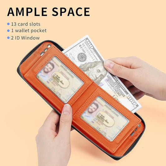 Men’s RFID Blocking Zipper Wallet with 2 ID Windows - Large Capacity Design, 13 Credit Card Slots