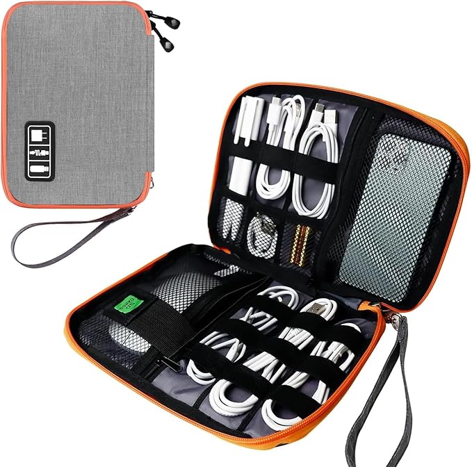 Electronics Travel Organizer,Portable Waterproof Electronic Travel Storage Bag for Small Charging Cord Storage,Charger,SD Card etc,for Travel,Business-Grey Orange