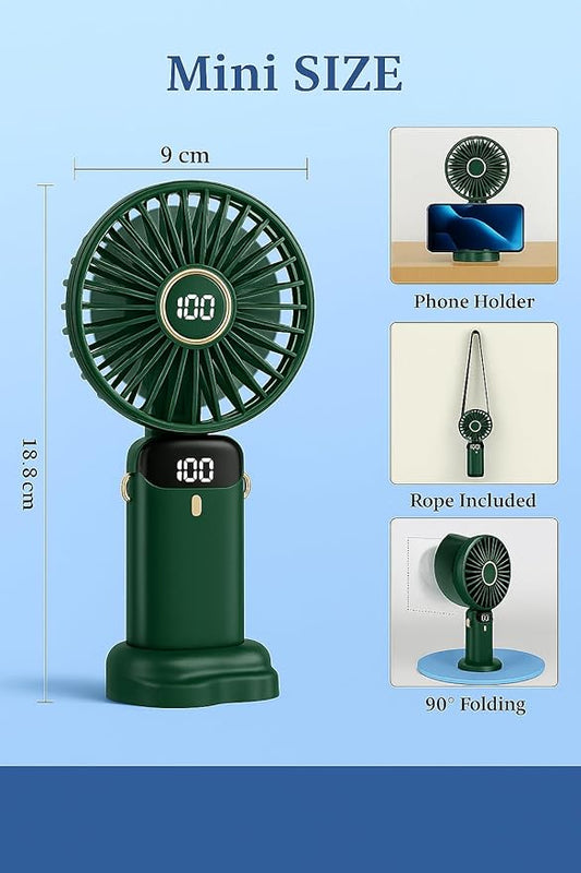 AMPMG LED Digital Display Rechargeable Fan – Portable Handheld & Desk Fan with Adjustable Speeds, USB Charging, Quiet Operation, and Base Stand for Home, Office, Travel and Outdoor Use (Green)