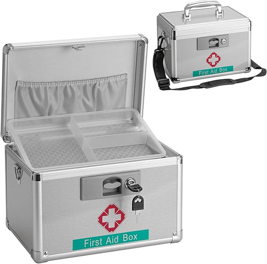 Medicine Storage Box with Key for Safe Medication - 13.4 x 7.6 x 8.2 Inches - Empty Lockable First Aid Box Organizer Container for Drugs for Home, Dorm, Office, Outdoor (Silver/Large)