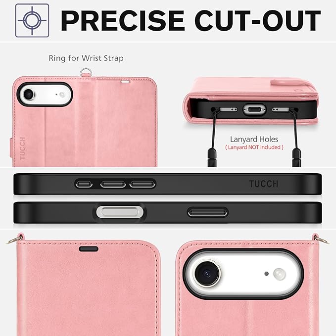 TUCCH Wallet Case for iPhone Air (6.5") 2025, Wrist Strap | 4 Card Slots | RFID Blocking | Kickstand | Shockproof TPU Shell | PU Leather | Magnetic | Protective Flip Cover | Rose Gold