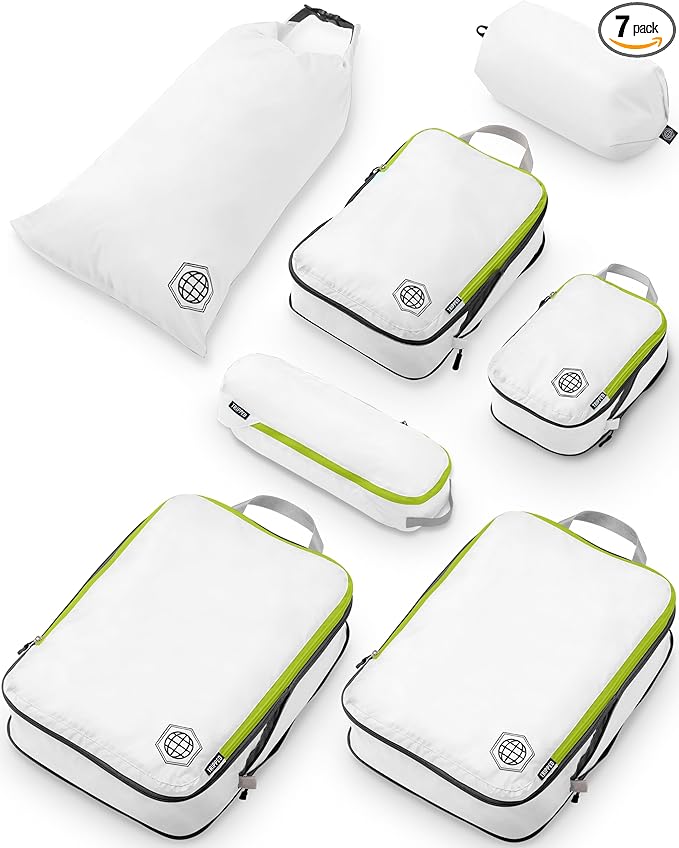 Large Compression Packing Cubes for Travel-Packing Cube Luggage Organizers 7 Piece Set for Checked Luggage-Ultralight, Expandable/Compression Bags by TRIPPED Travel Gear (White/Green)