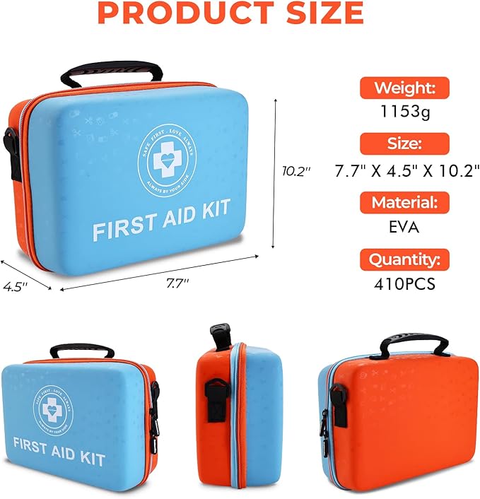Large First Aid Kit - 410 Piece Dual-Color Emergency Kit with Hard Shell & Fluorescent Interior Coating, Professional Survival Kit for Home, Car, Travel, Hiking & Outdoor(Blue/Orange)