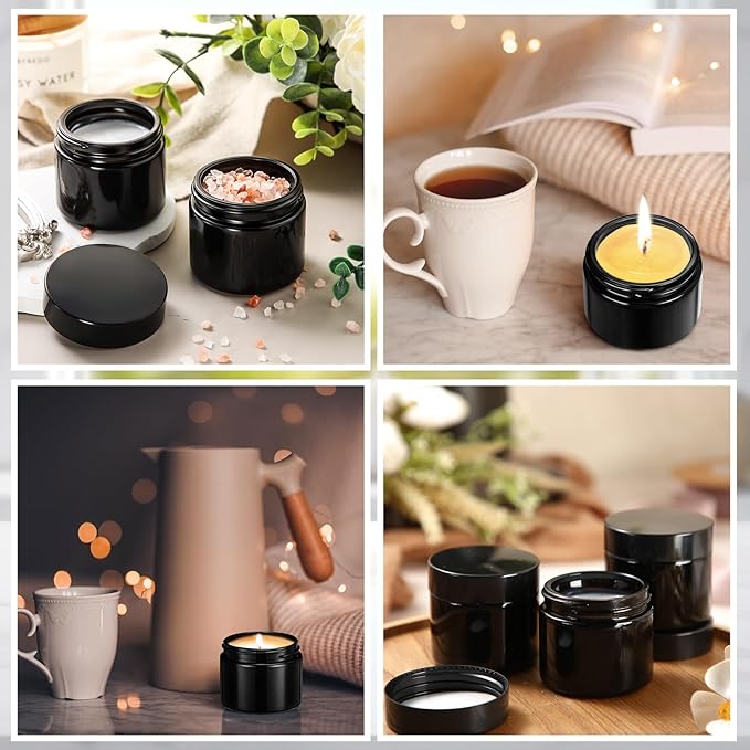 Domensi 72 Pcs 2 oz Glass Jars with Lids Travel Size Round Leakproof Empty Cosmetic Jars with Inner Liners Lid for Storing Makeup Lotions Face Cream Ointments Candle DIY Making (Black)