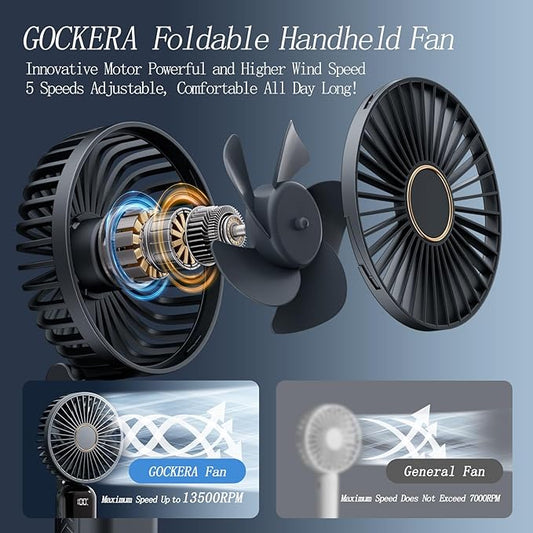 Portable Fan, 4200mAh Battery Operated Fan, 5 Speeds&Digital Display, Makeup Fans for Women with Base, 180°Foldable 3in1 Handheld/Neck/Desk Fan for Outdoor Indoor,Ultra Quiet (Black white)