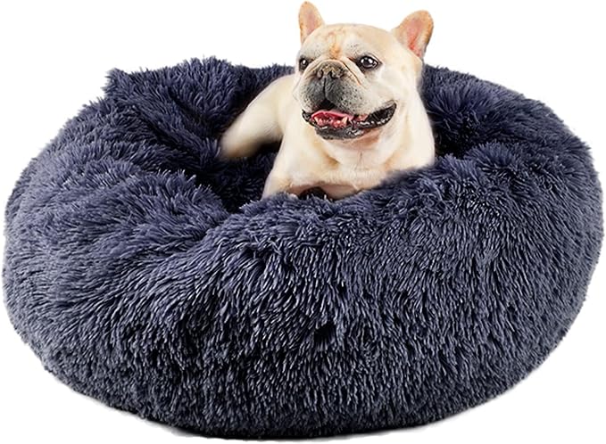 Himax Medium Dog Bed, Round Dogs Beds with Blanket Attached, Comfort Fluffy Calming Dog Bed Washable (20"/26"/35") Deep Grey