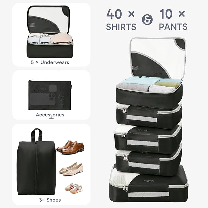 ALL INCLUDED 10 Set Durable Packing Cubes for Suitcases,OlarHike Essentials for Travel,UPGRADED Anti-Tear Stitching, NEW Improved Luggage Packing Organizers for Travel Accessories (Ink)