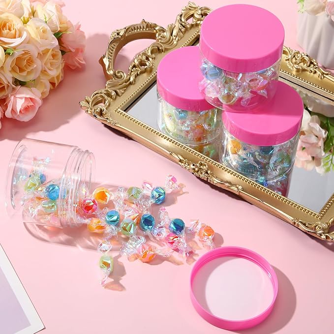 SATINIOR 12 Pack 6 oz Plastic Container Jars with Lids Round Clear Travel Cosmetic Container Slime Jars for Toiletries, Lotion, Cream, Ointments, Makeup, Rhinestone, Samples, Kitchen Storage(Pink)