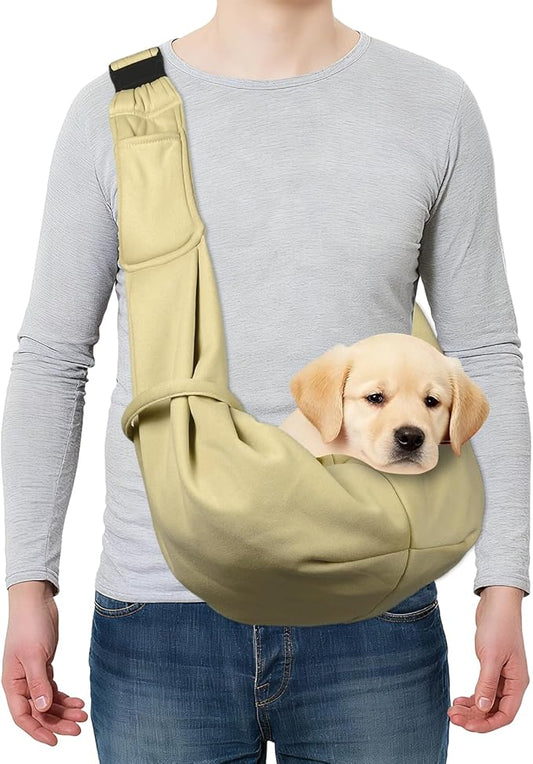 PETAXCELL Dog and Cat Sling Carrier Up to 16.5 Lbs, Hand-Free Reversible Pet Sling Carrier with Adjustable Strap and Pocket, (Khaki, 1 Pcs) Intended for Hiking/Camping/Traveling
