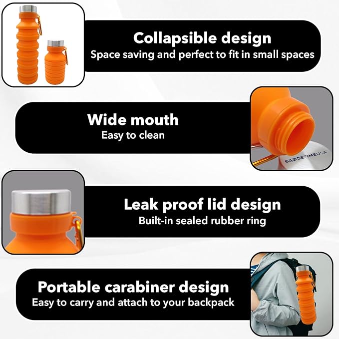 Collapsible Water Bottle (Orange) - Reusable, BPA Free, Silicone, Foldable Portable & Leak Proof - Water Bottles for Travel Gym Camping Hiking - Sports Water Bottle with Carabiner