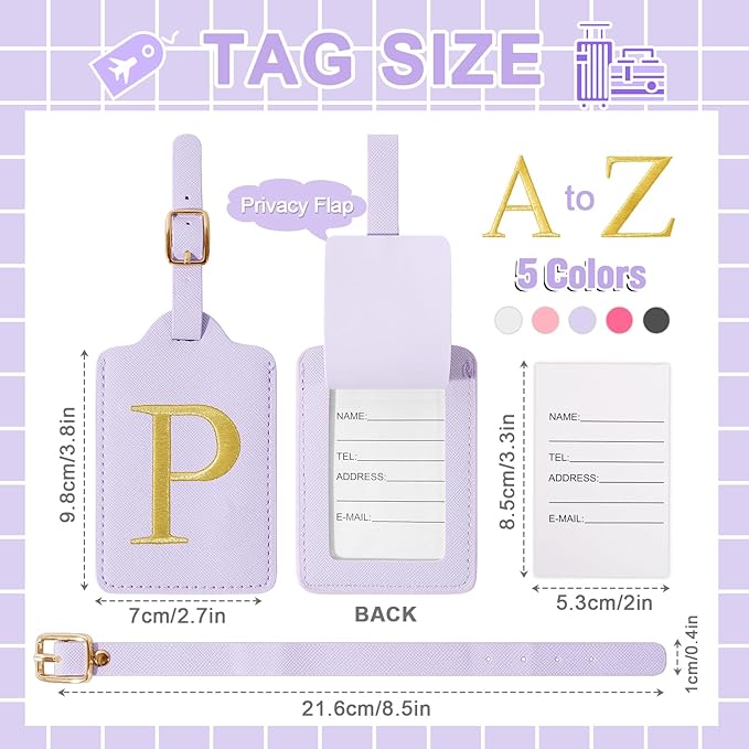 Personalized Initial Luggage Tags for Suitcase, Purple Leather Cute Luggage Tags with Privacy Cover Name Card, Embroidered Custom Monogrammed Luggage Tag Travel Backpack Tags Gifts for Women Kids(P)