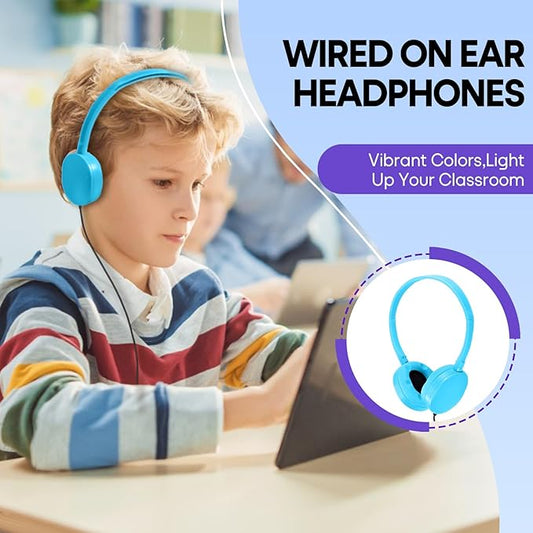 50 Pack Kids Headphones Bulk for Classroom School K-12, Wholesale Wired Student Headaets Adjustable 3.5mm Jack for Chromebook Laptop PC (HY104,50 Mixed)