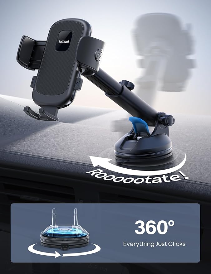 Lamicall Car Phone Mount - [Strongest Military-Grade Suction Cup] 360° Rotation Phone Holders for Your Car Quick Release Adjustable Phone Mount for Car Dashboard for iPhone 17 16 Pro Max Galaxy Truck