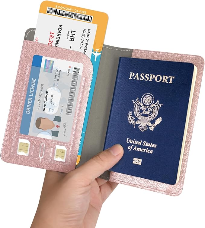 RSAquar Passport Holder for Women and Men, Premium PU Leather Travel Passport Wallet RFID Blocking Passport Cover Travel Documents Organizer (Rose Gold)
