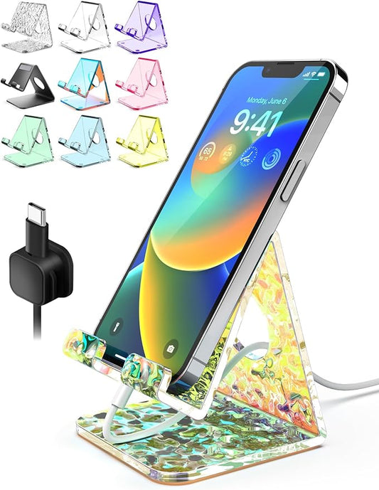 TOPGO Acrylic Cell Phone Stand, Phone Holder for Office Desk, Vanity, Kitchen Counter, Bedside Table, Compatible with iPhone 17 16 15 14 13 12 11 Pro Max/Smartphones/iPad/Switch - Iridescent Wave
