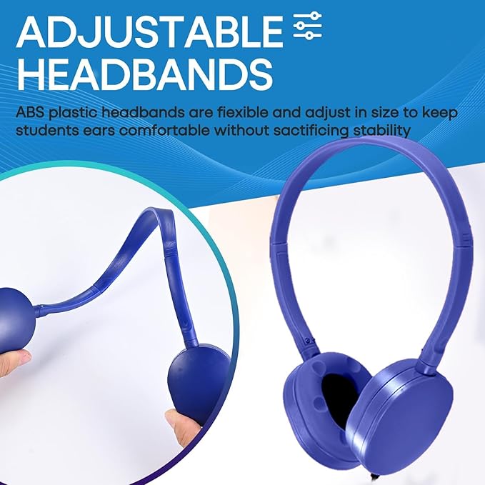 Bulk Headphones 100 Pack for Kids School Classroom, Wholesale Wired Durable Headphones Class Set for Students Children Toddler Boys Girls Teens and Adult (HY104, 100 Blue)