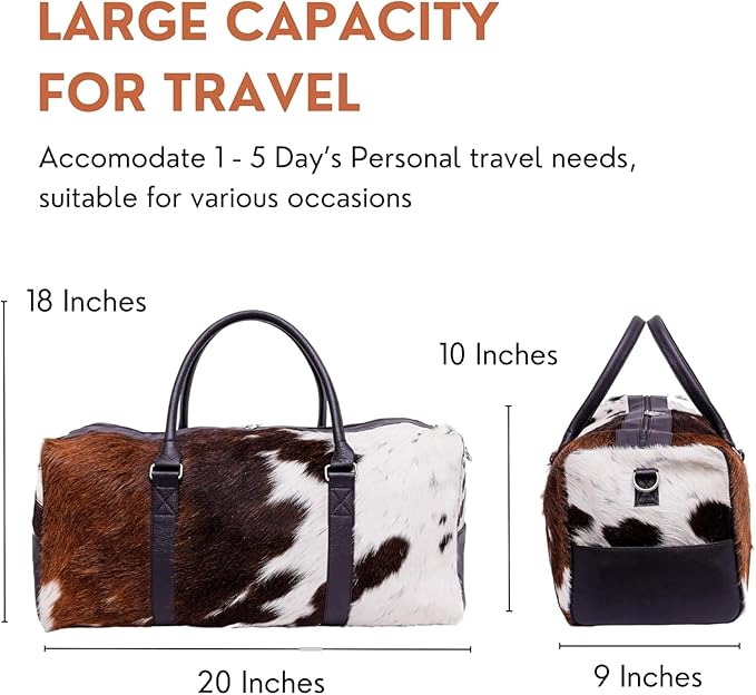 Luxury Cowhide Duffle Bag for Men 21" Genuine Full Grain Hair-On Leather Weekender Gym Cowhide Travel Bag with Spacious Interior, Heavy-Duty Zippers, Dual Carry Options Airplane Carry-On Compatible