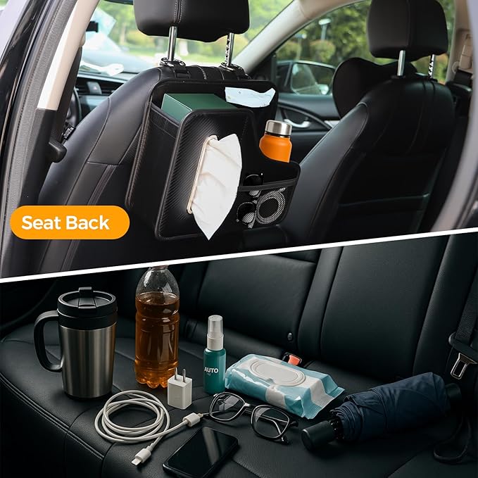 Car Tissue Holder,Back Seat Organizer with Cup Holder,Multifunctional Car Headrest Seat Back Storage,Large Tissue Box Cover Fit for 100-130 Regular Size Tissues(2pcs)