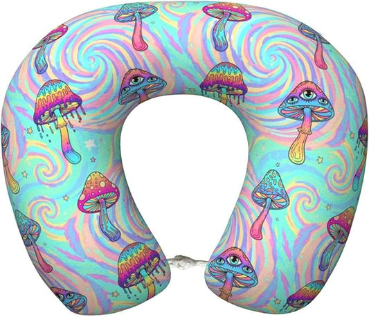 Support Neck Pillow for Youth Travel, Washable Airplane Chin Supporting and Relax U Shaped Pillows Colorful Trippy Mushroom Art