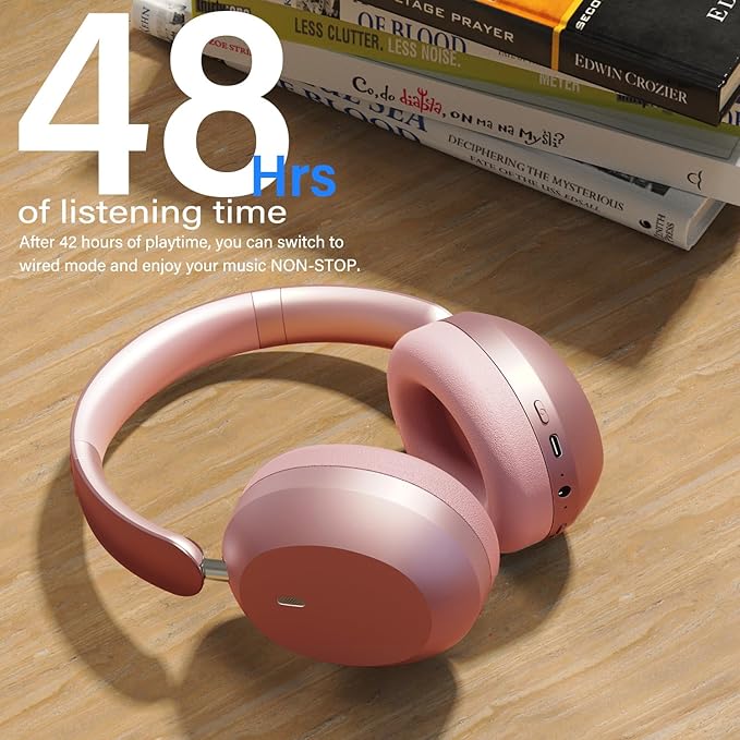 Wentronic Y05 Bluetooth Headphones Wireless Over Ear Noise Cancelling with Microphone 48 Hours Playtime, High Sound Quality Foldable Soft Earpads Earphones for Travel-Pink